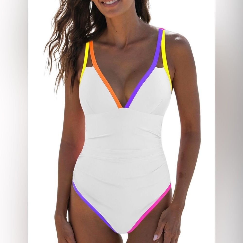Popvil White One-Piece Swimsuit with Neon Colorblock Accents M NWT